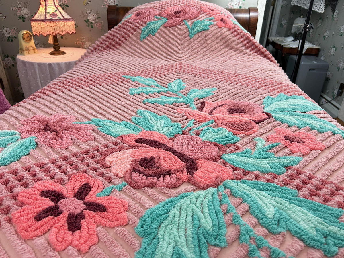 Vintage Chenille Bedspread Twin Dusty Pink Aqua Floral Bouquet Cottage Shabby