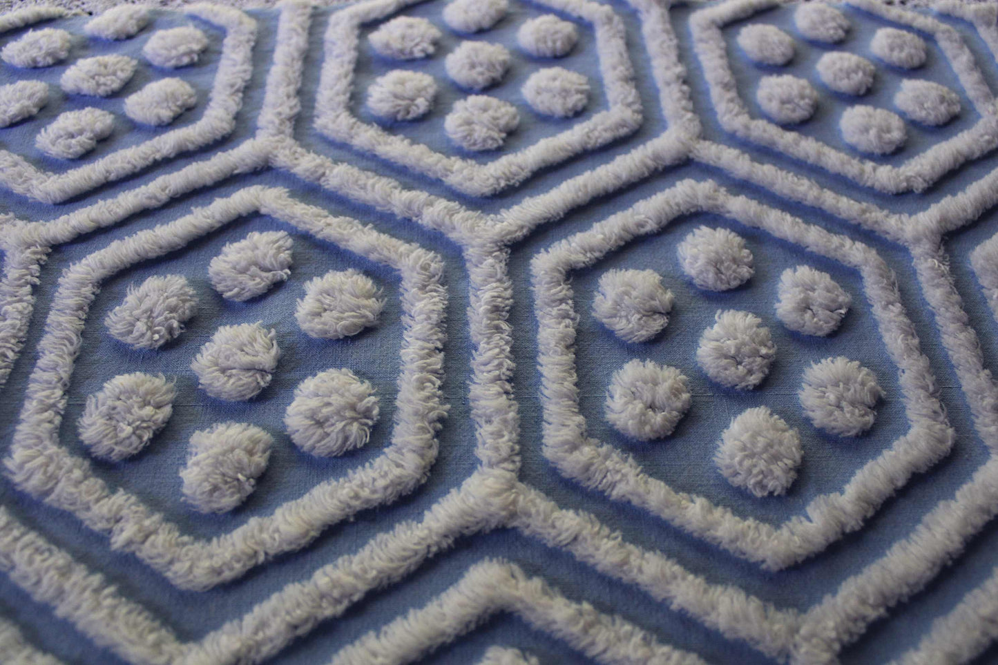 coastal cute vintage blue & white chenille fabric, reversible geometric hexagon dot design, 25" x 29" cut piece of sewing material