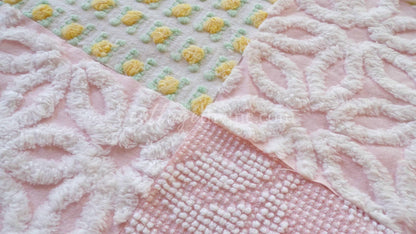 Chenille Fabric Squares Set, "Spring is in the Air", from Vintage Bedspread Fabrics, 16 Quilt Blocks, 6" inch, Cottage Pink, Yellow & White