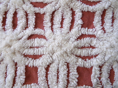 Earthy Terracotta Vintage Chenille Fabric, Plush White Tufted Petal Design, 20" x 24" inch Piece, 100% Cotton Material for Quilts & Crafts