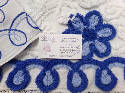 Vintage Chenille Fabric Piece, Blue White Floral Coastal Chic Quilting Material 14x25"