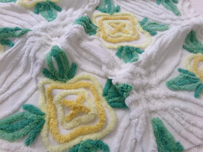 yellow cabbage rose vintage chenille bedspread fabric, cottage charm quilt material, 23" x 25" piece