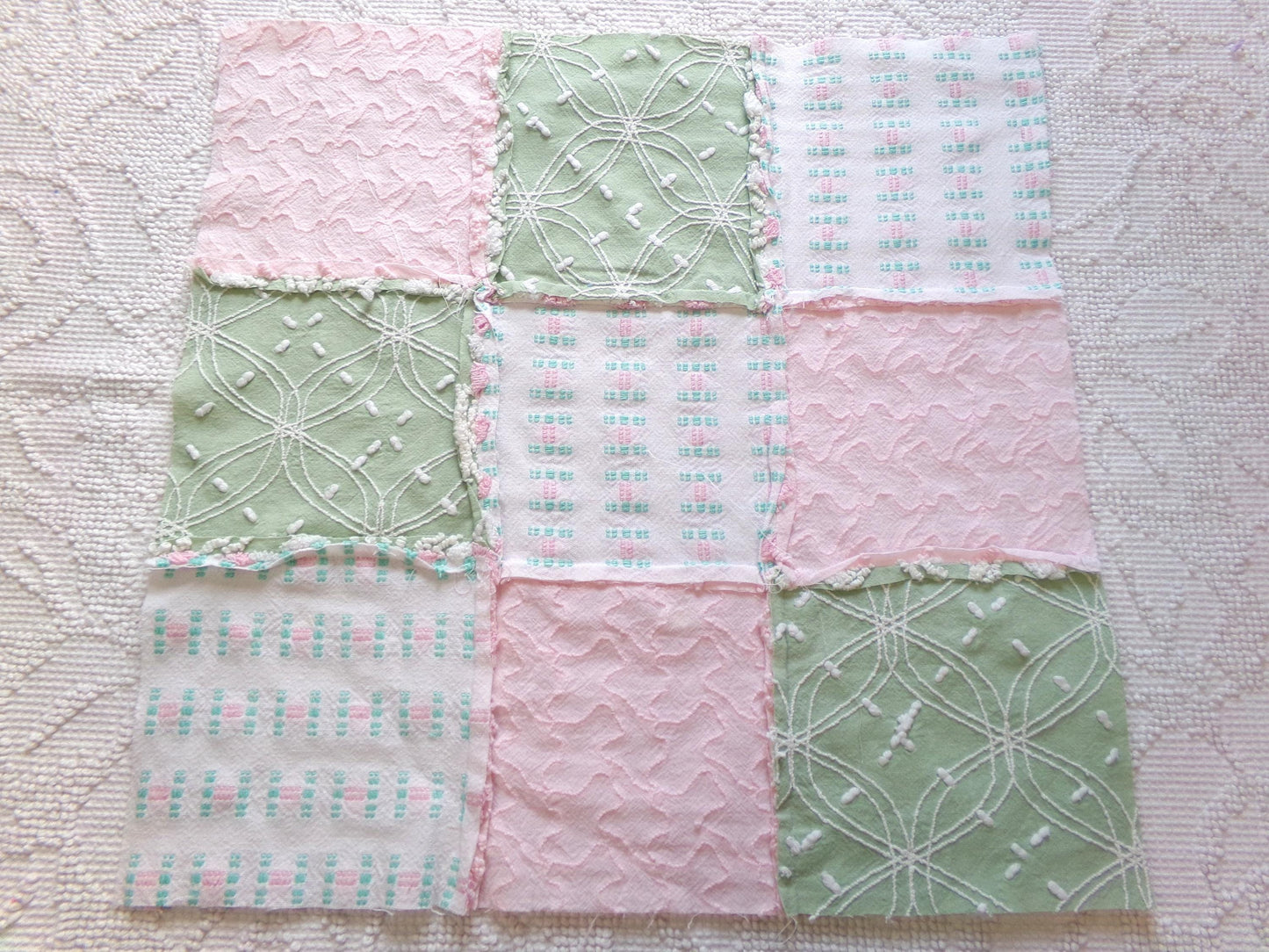 Vintage Patchwork Chenille Fabric Craft Panel, 16" Square, Cottage Style DIY Pillows