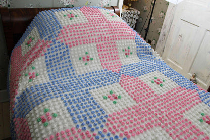 Rare Vintage Chenille Bedspread, Tufted Pink & Blue Popcorns with Rose Pop Flowers, Anne Orr for Cabin Crafts, Full Size Cottage Bedding