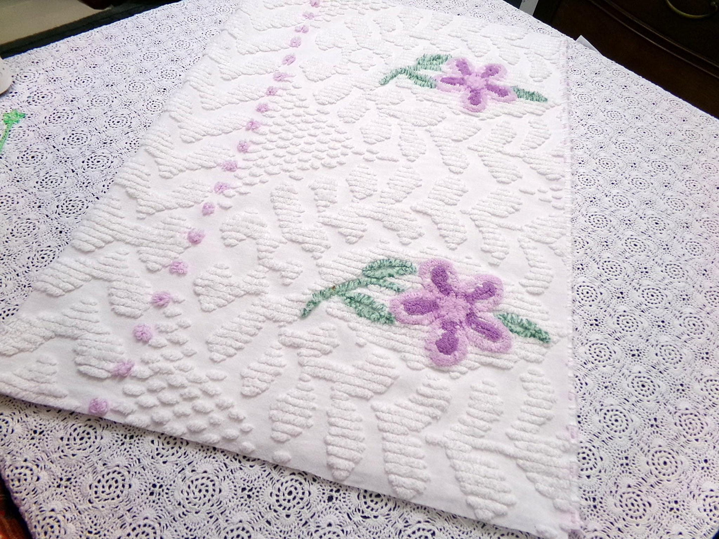 Little Lilacs Vintage Chenille Bedspread Fabric 26x36" Shabby Lightweight Quilting Material