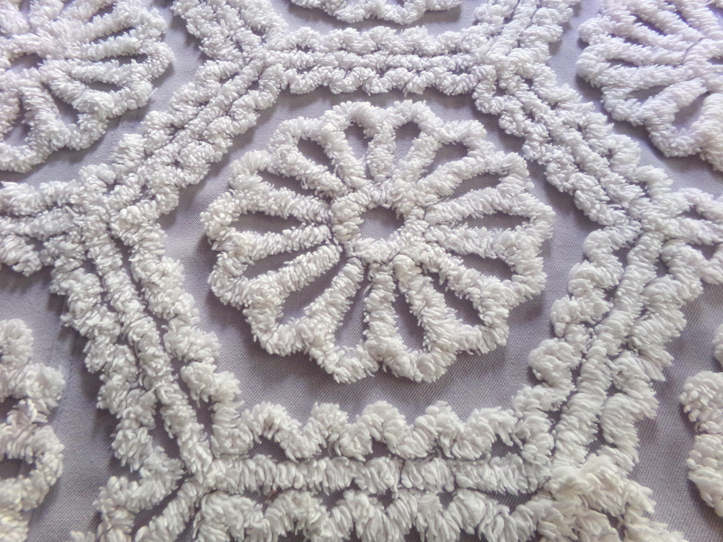 lavender mist cottage style chenille fabric, plush white ruffle daisies, 17" x 26" piece of vintage sewing material for quilting, fiber arts