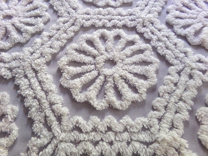lavender mist cottage style chenille fabric, plush white ruffle daisies, 17" x 26" piece of vintage sewing material for quilting, fiber arts