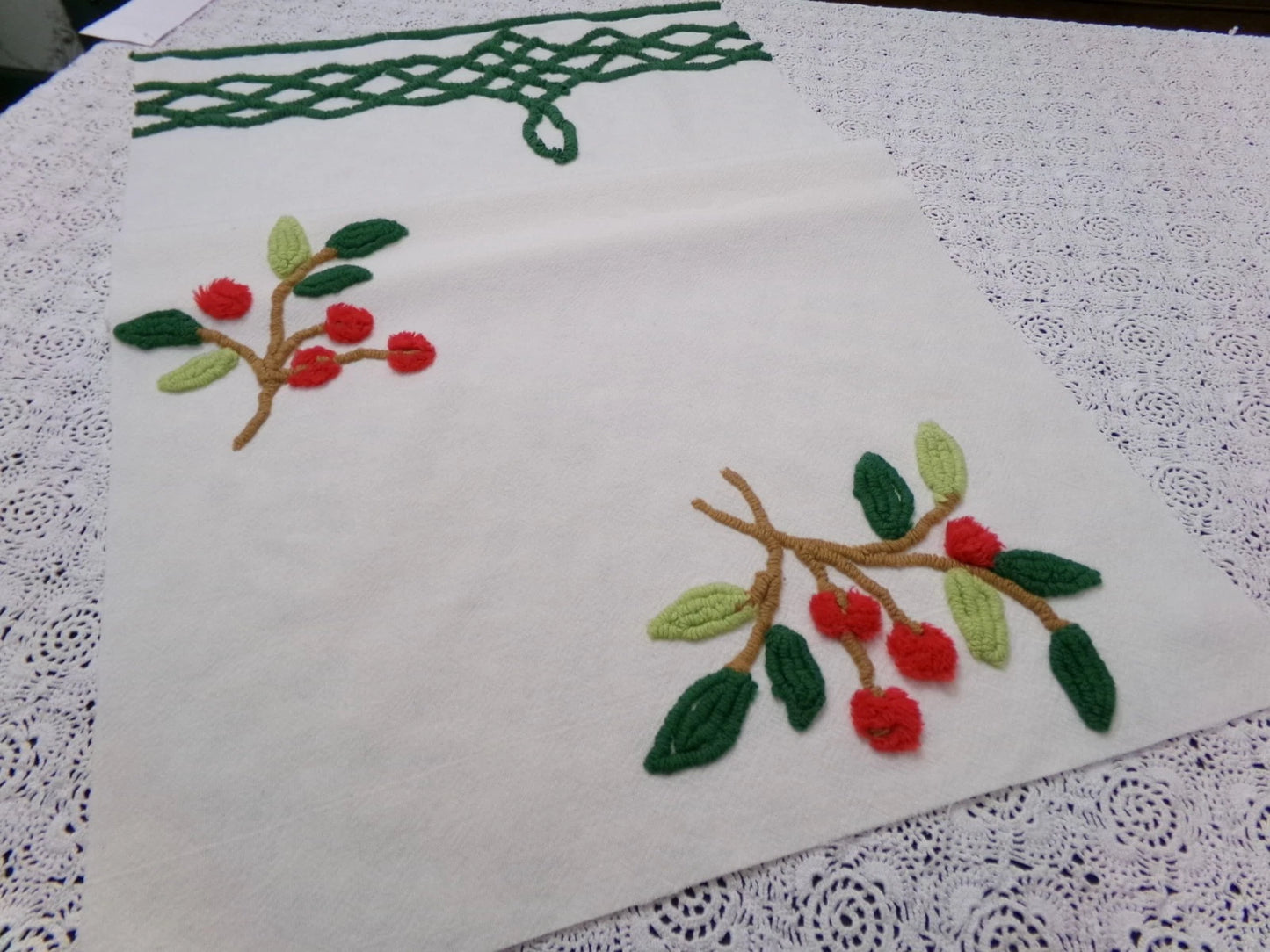 Cherry Berry Vtg Chenille Bedspread Fabric 14.5x27" Pc Farmhouse Sewing Material