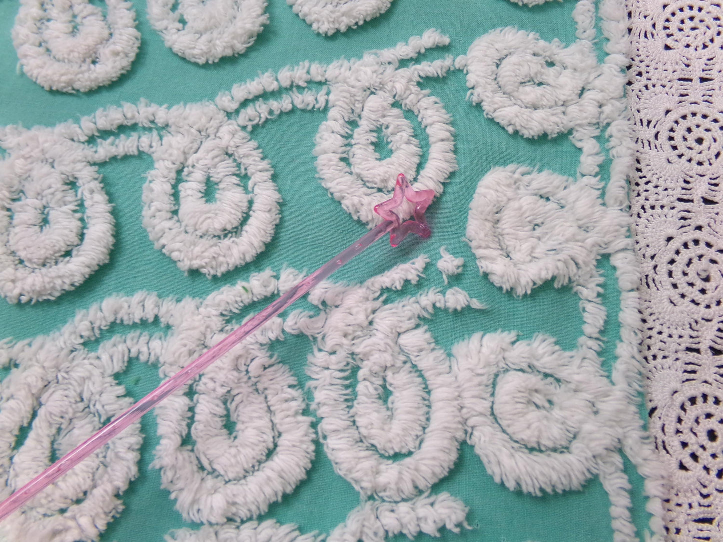 Soothing White Curly Loops Jade Vintage Chenille Bedspread Fabric 15" x 19" Piece