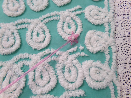 Soothing White Curly Loops Jade Vintage Chenille Bedspread Fabric 15" x 19" Piece
