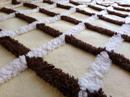 buttery yellow vintage chenille fabric in chocolate white crosshatch pattern, unique 20" x 25" piece of quilt material for crafts & sewing