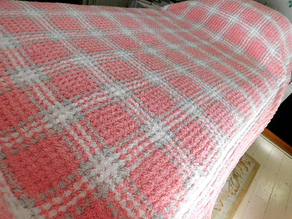 Girl Power Sassy Pink Vintage Chenille Bedspread, Grey & White Plaid, 100% Plush Cotton, TWIN Size