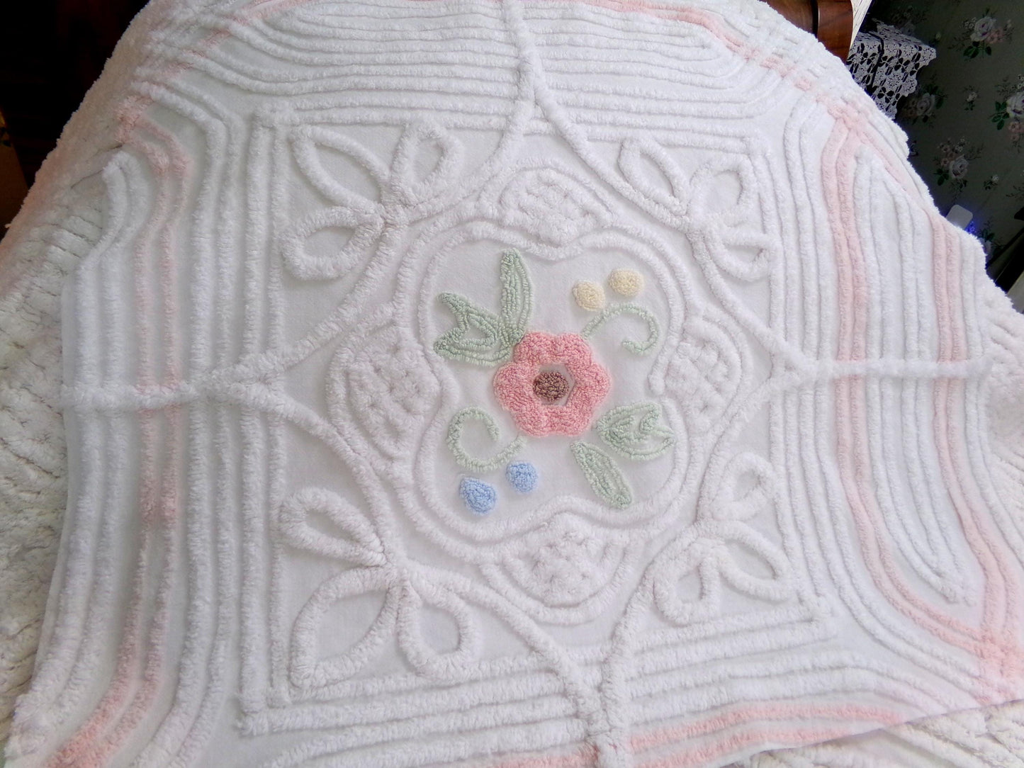 cottage style vintage chenille fabric, dimensional floral design 24" x 21" inch piece craft & sewing material
