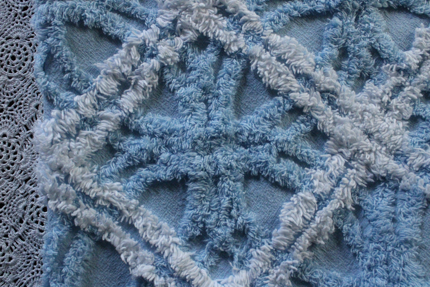 Breezy Coastal Vintage Style Chenille Fabric, 21" x 22" Inch Piece, Plush Sky Blue & White Geometric