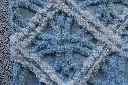 Breezy Coastal Vintage Style Chenille Fabric, 21" x 22" Inch Piece, Plush Sky Blue & White Geometric