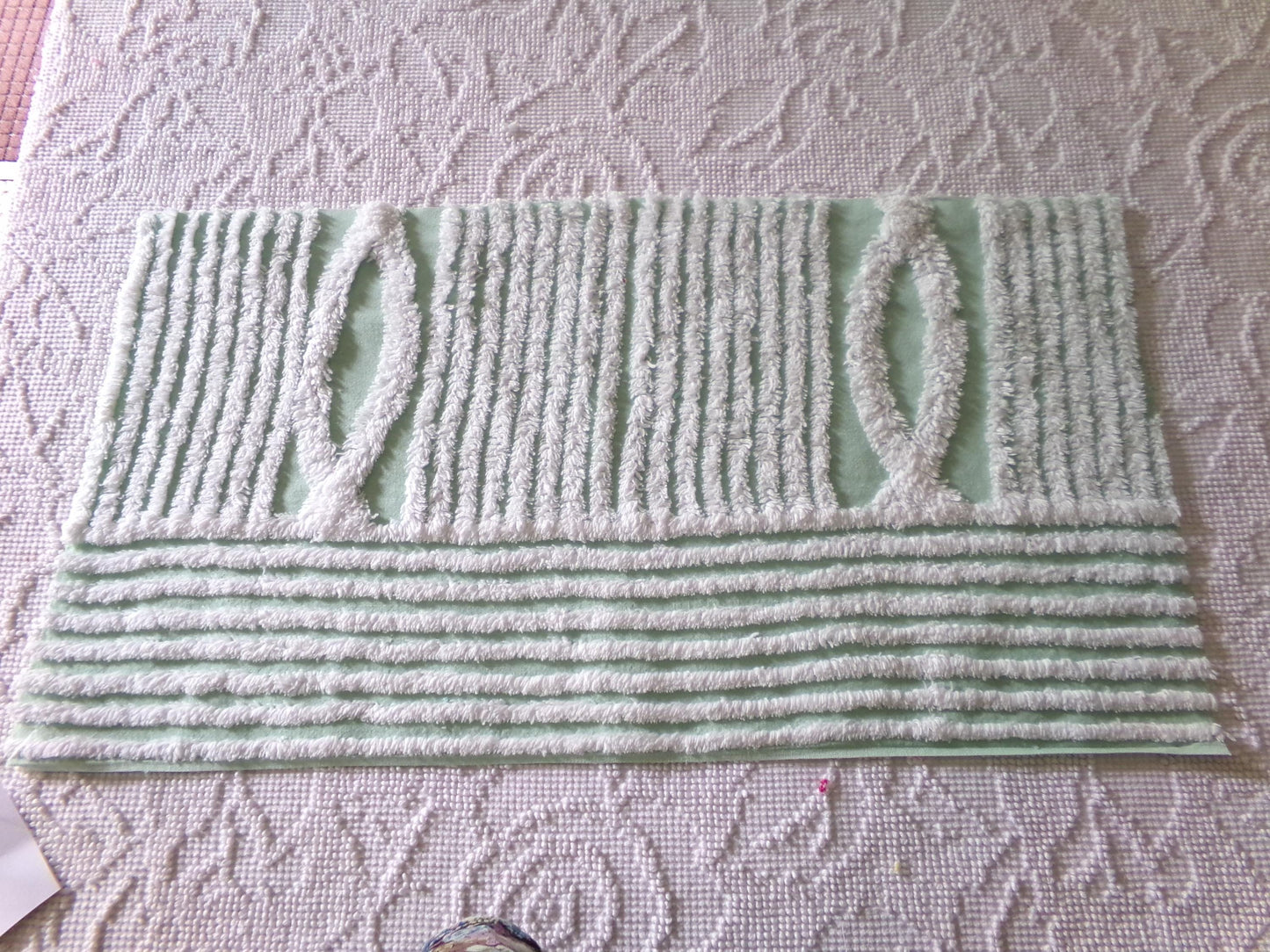 Fabric Piece from Vintage Chenille Bedspread in Mint Green & White Geometric Stripe, 12" x 22" inches