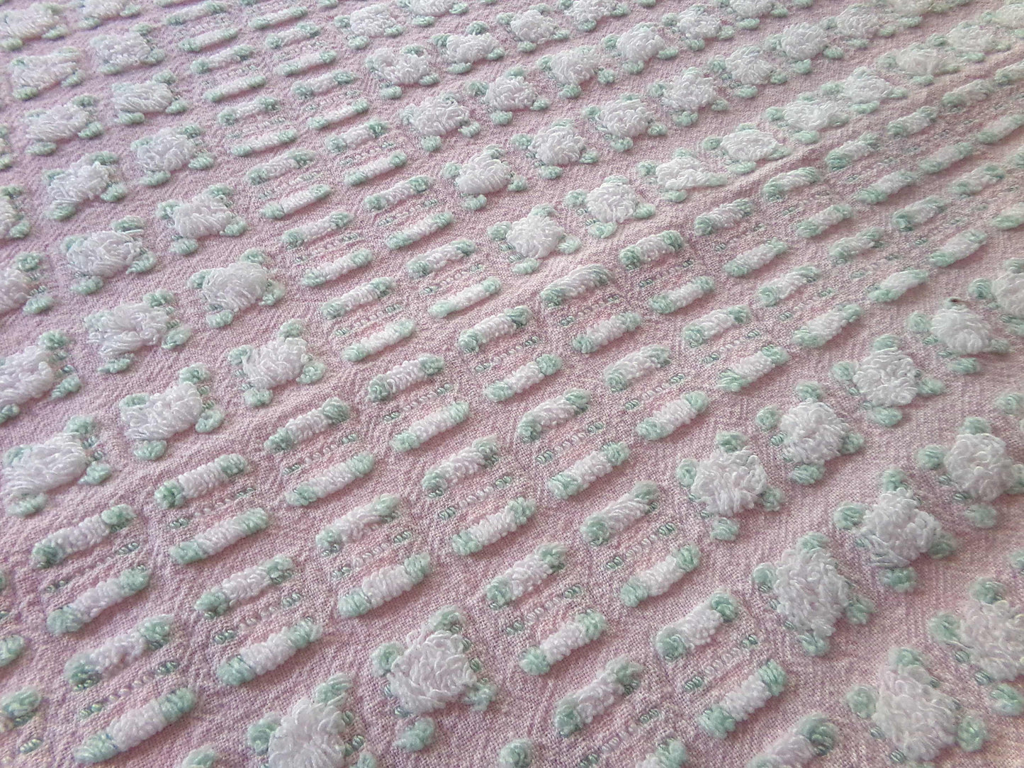 phantom white rosebud chenille fabric, 18" x 24" inch piece of dusty pink vintage Morgan Jones rosebuds quilt material for sewing & crafts