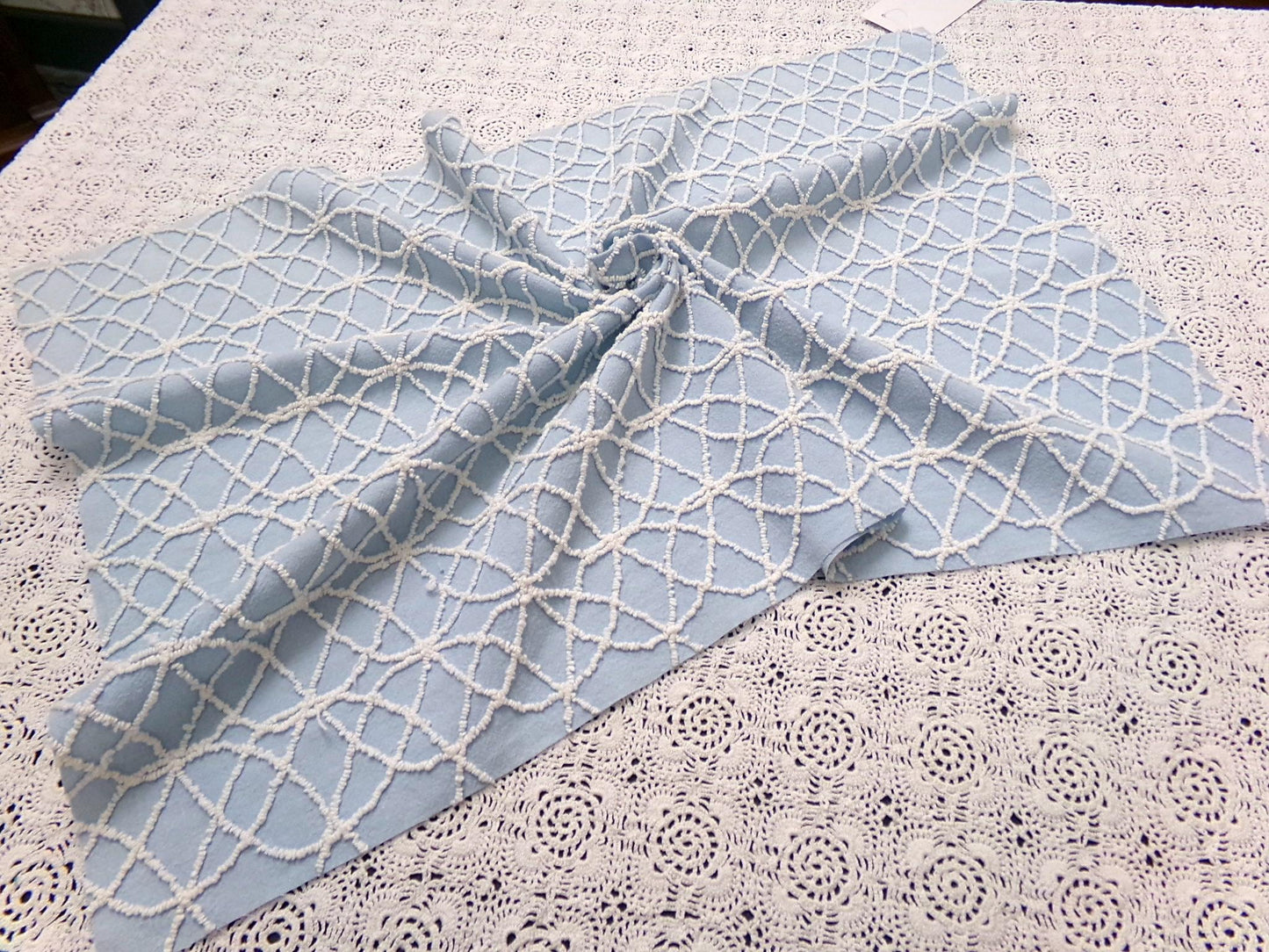 Blue Vintage Chenille Fabric, White Skinny Petite Wedding Rings 16x24" Piece