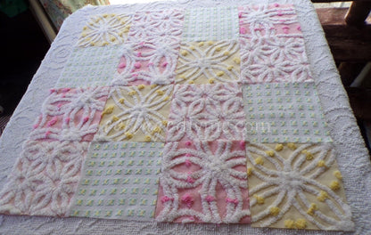 Vintage Chenille Fabric Squares: Springtime Pink & Yellow Set of 16 Quilt Blocks, 6" each