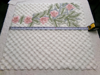climbing tulips vintage chenille fabric in plush pink & white offset floral trellis design, 26" x 24" piece of sewing material