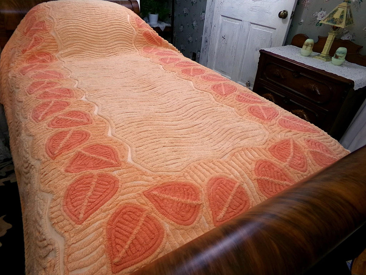 Boho Falling Leaves Vintage Chenille Bedspread, Apricot Peach Twin Size