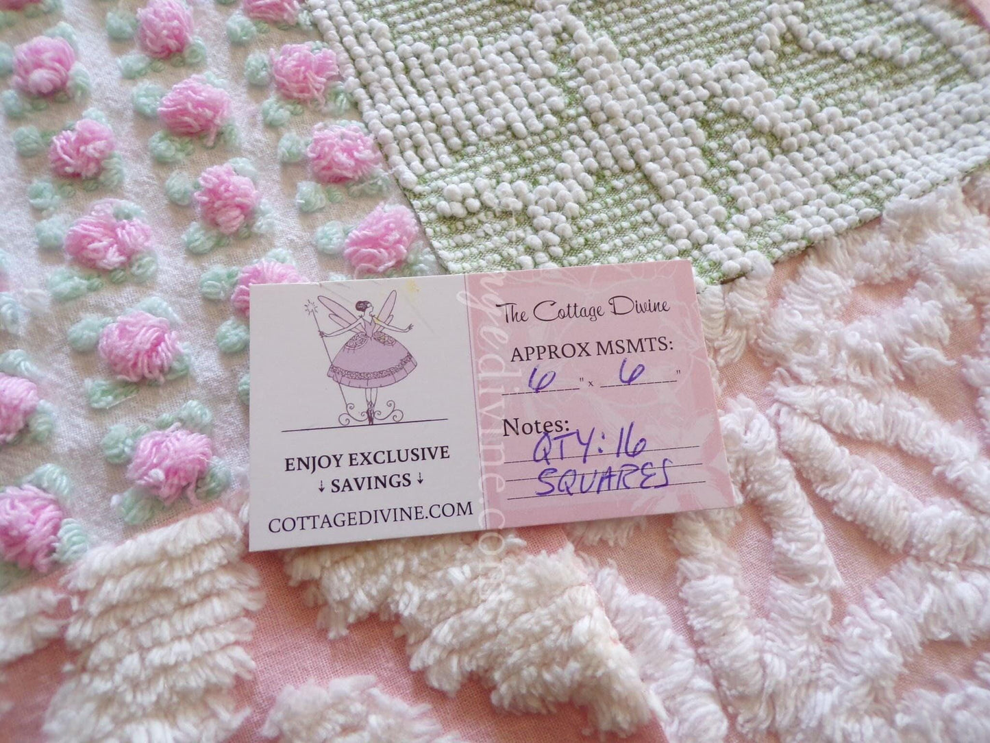 flower nymph chenille fabric squares, pink rosebuds, white daisy, sage green, 16 vintage 6" x 6" quilt squares for sewing & crafts