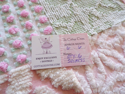 flower nymph chenille fabric squares, pink rosebuds, white daisy, sage green, 16 vintage 6" x 6" quilt squares for sewing & crafts