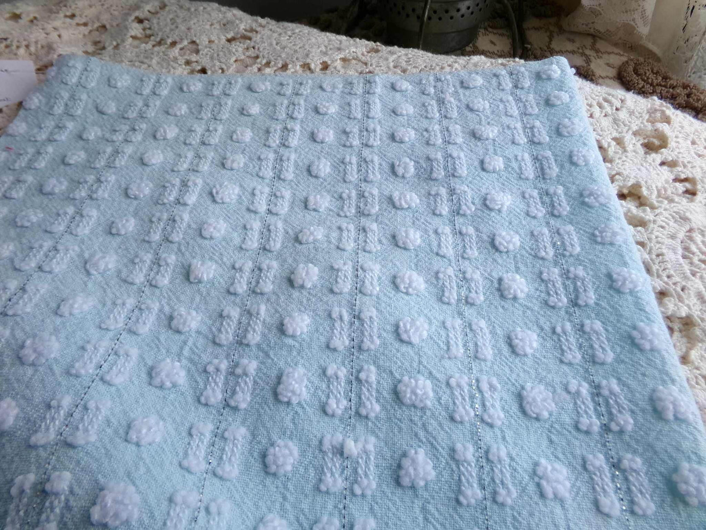 Aqua White Vintage Chenille Quilt Fabric, Petite Double Dash Dot, Silver Lurex, 19x22"