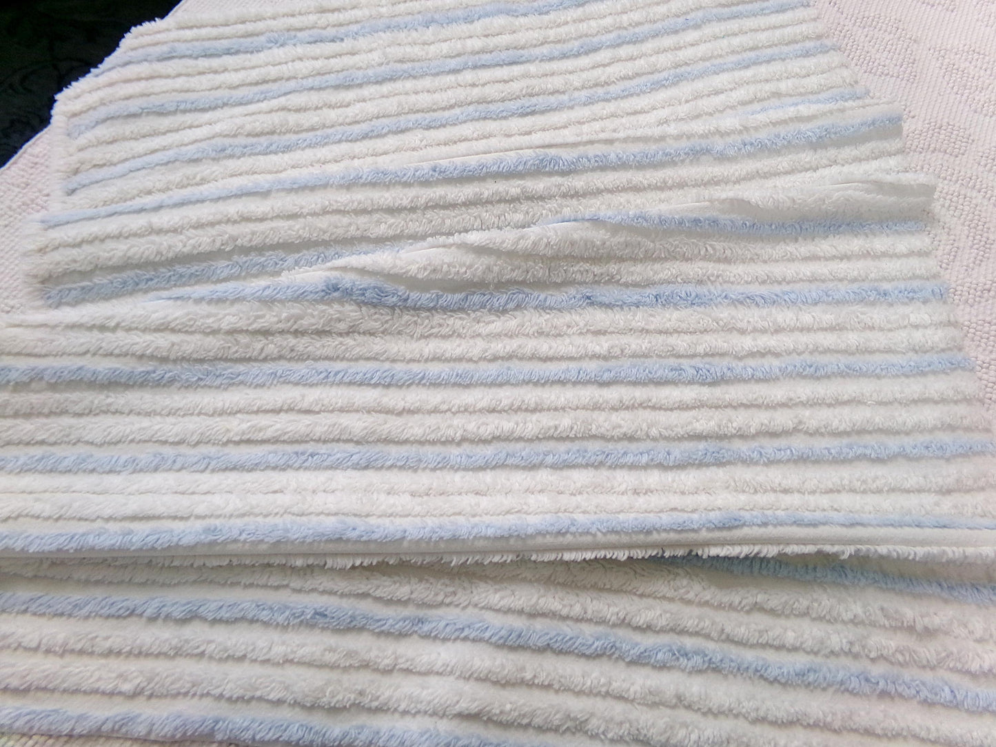 simple blue & white striped vintage chenille bedspread fabric, versatile sewing material 17" x 24"