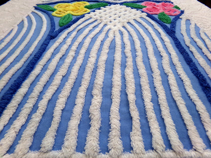 Vintage Chenille Fabric, Waterfall Blue & White Tropical Florals, 20" x 27" Cut Piece