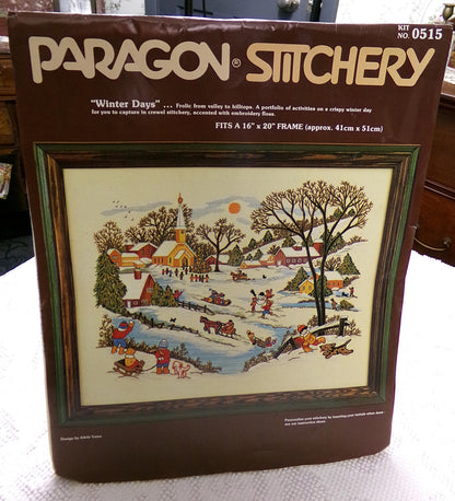 WINTER DAYS Vintage Crewel Embroidery Kit Paragon Needlecraft 0515 Whimsical Snow Scene, Adele Veres Design