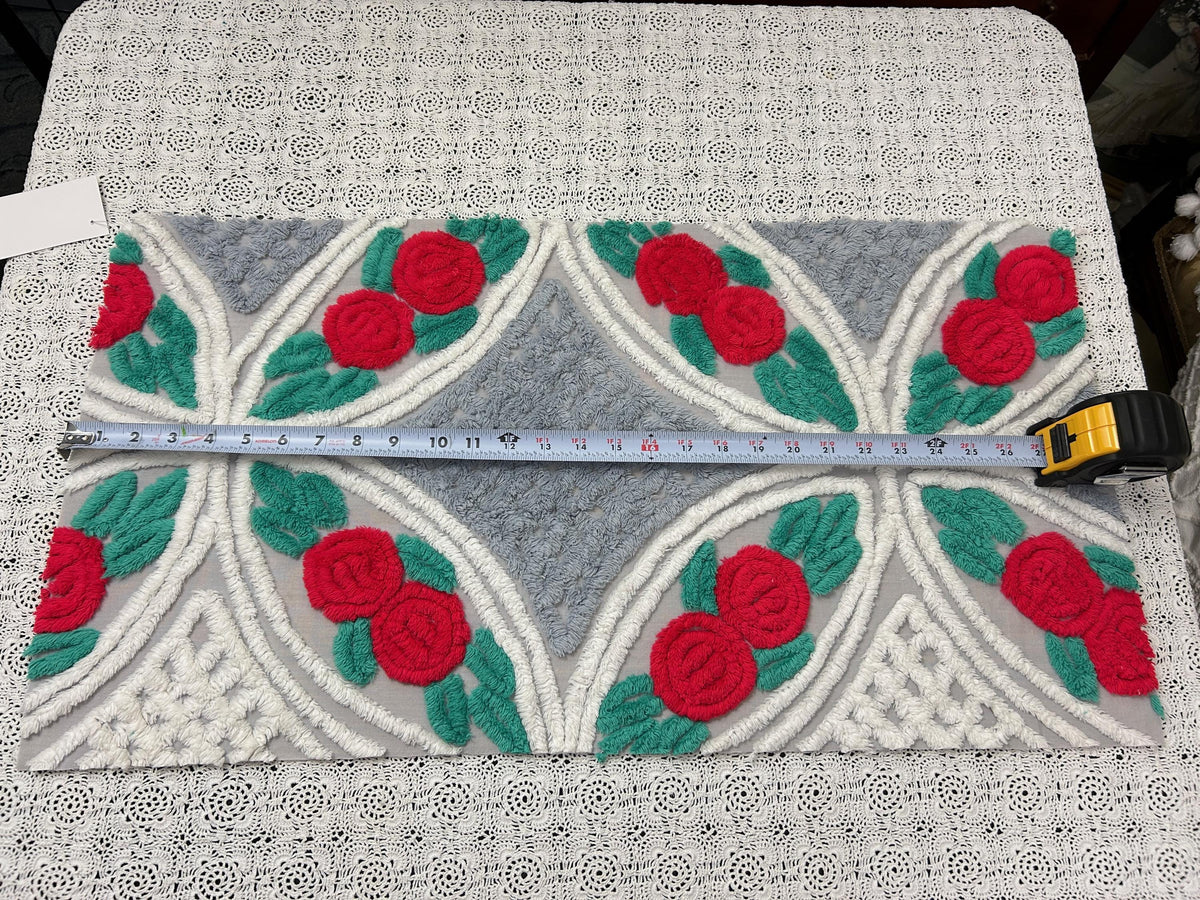 Red Rose Vintage Chenille Fabric, Dove Grey & White 15x28" Craft Piece