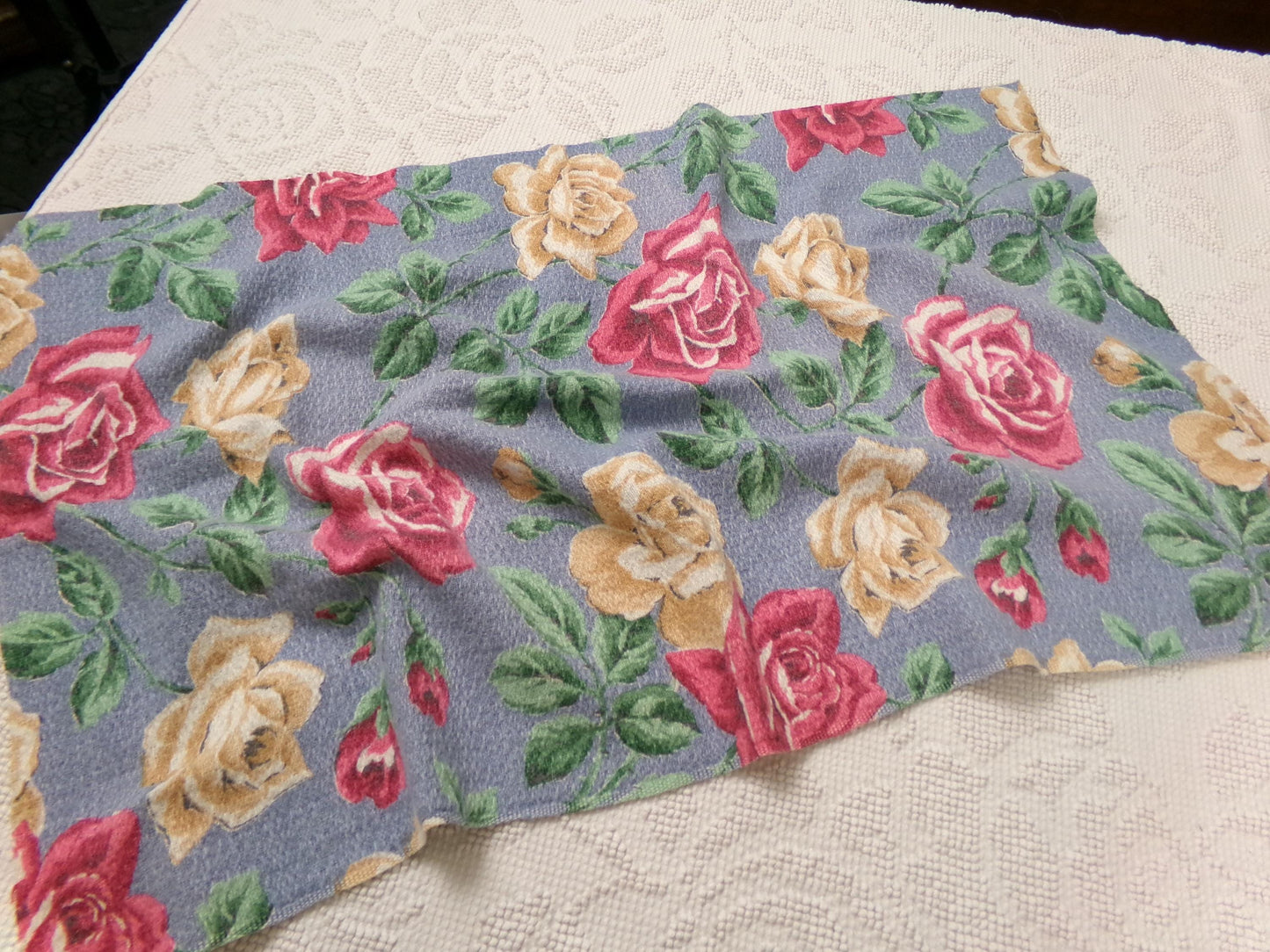 Vintage Rose Barkcloth Fabric, Pink Gold Blooms Blue Background 16" x 27"