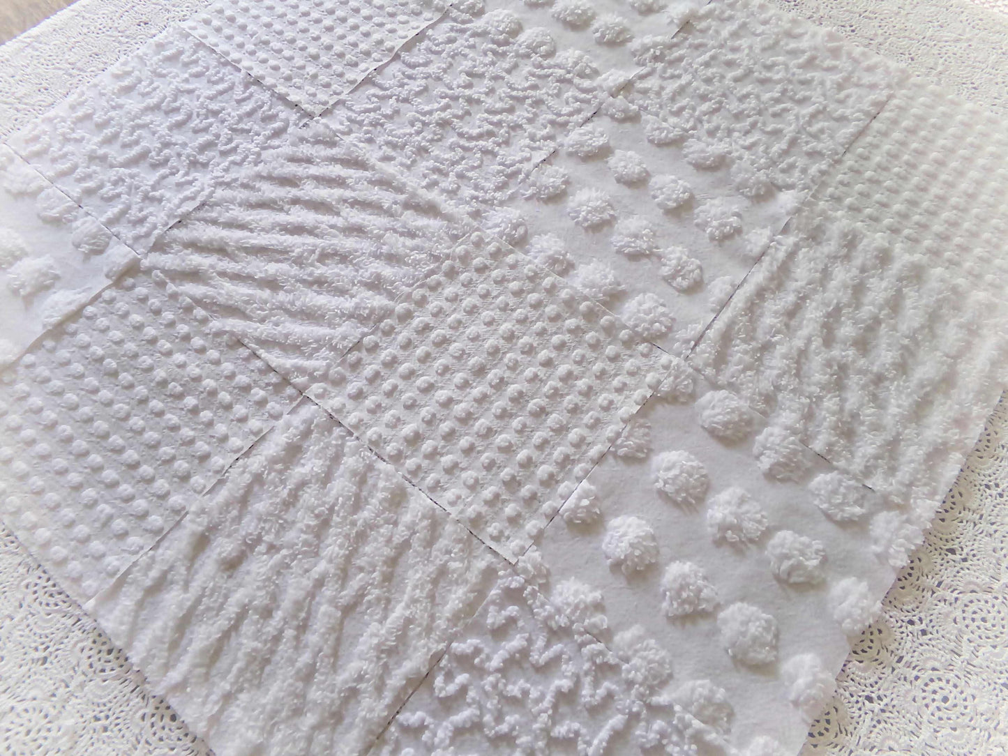 Silent Snowfall Vintage Chenille Fabric Squares, Set of 16 White 6" Cotton Chenille Quilt Blocks for crafting, sewing