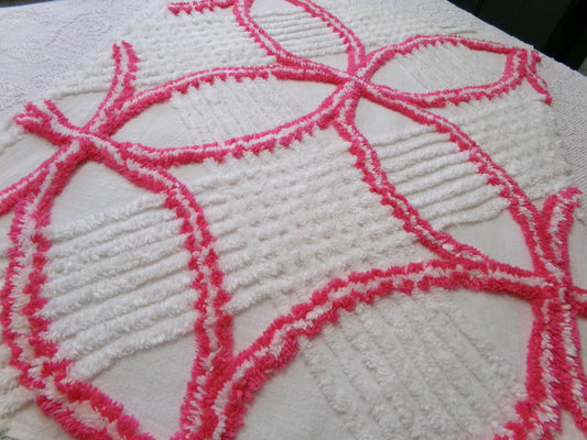 Vintage Hot Pink White Chenille Fabric: Geometric Pattern Retro Mid Century Textile Craft Quilting Supplies, 20" x 25" Piece
