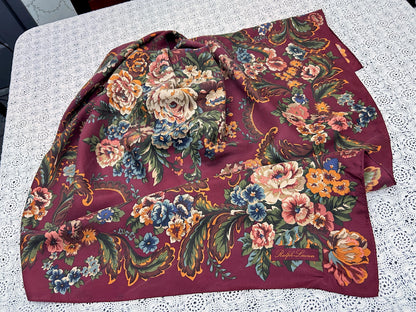 Vintage Ralph Lauren Silk Square Scarf Burgundy Floral Baroque Elegance Japan