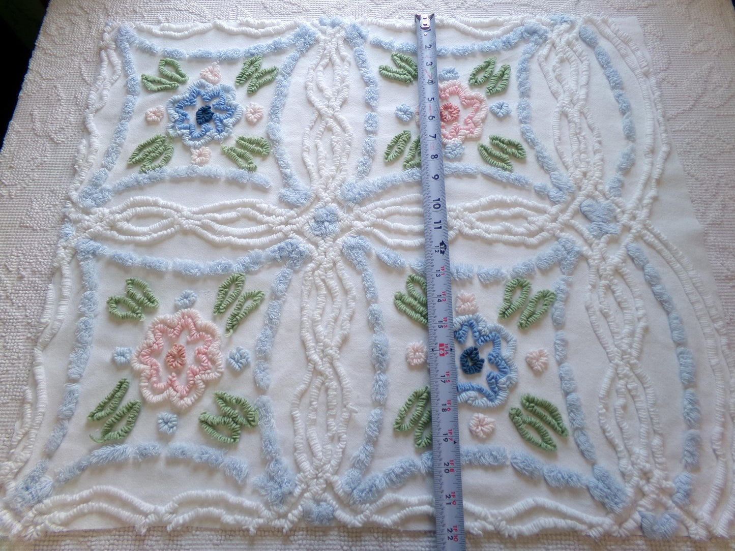 Shabby Cottage Chic Vintage Chenille Fabric, 25" x 21" Piece of White Pink Blue Floral Cotton Sewing Material, Upcycle into Pillows, Quilts