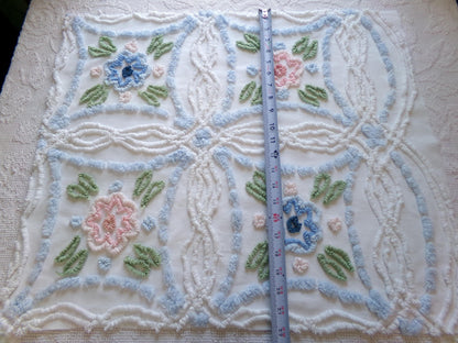 Shabby Cottage Chic Vintage Chenille Fabric, 25" x 21" Piece of White Pink Blue Floral Cotton Sewing Material, Upcycle into Pillows, Quilts
