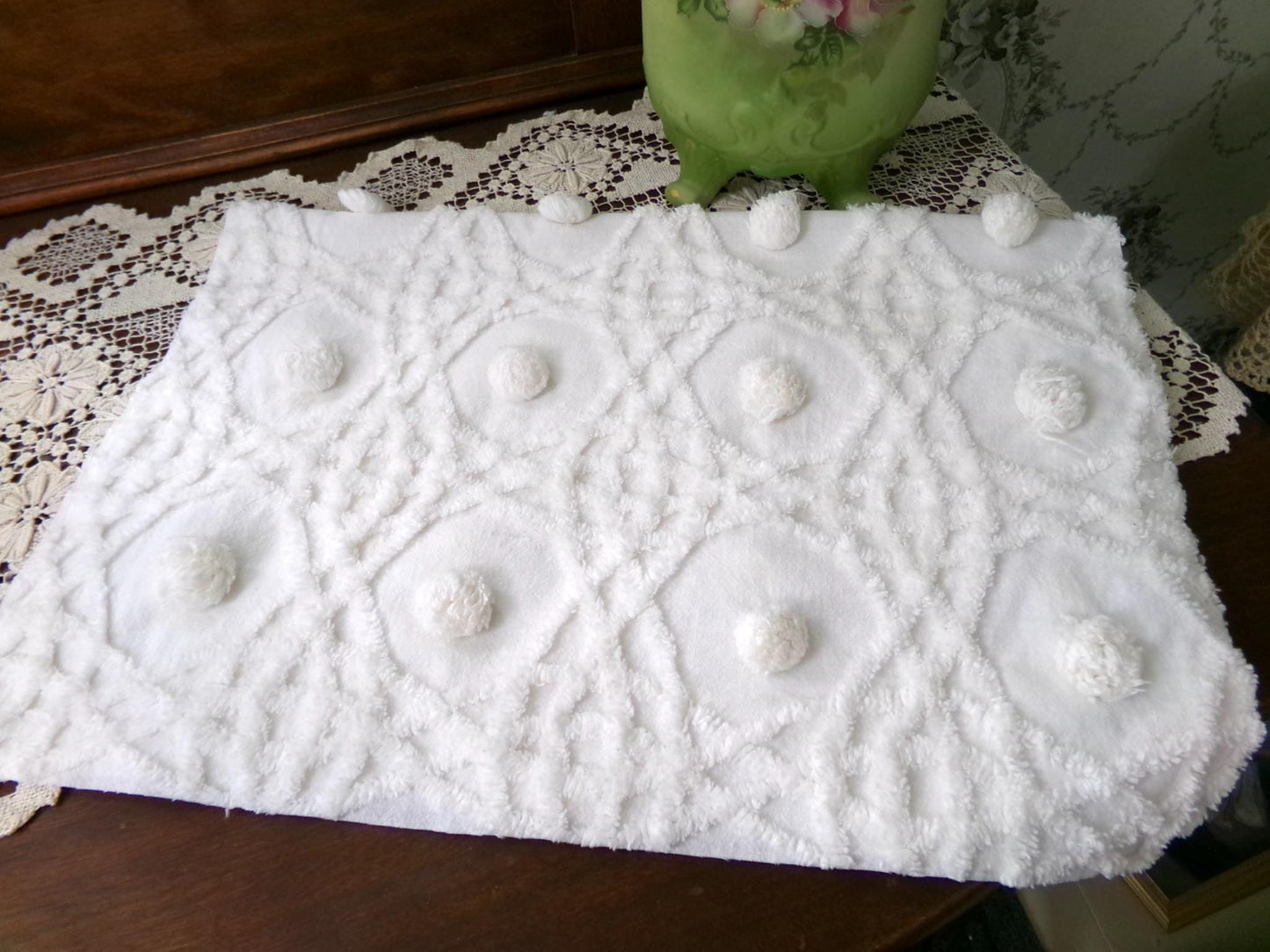 Vintage Chenille Bedspread Fabric, Plush Blue Flowers White Curlicues, 18x24" Piece