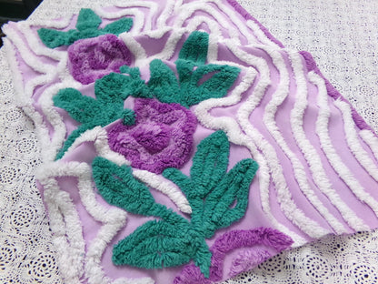 Violet Roses Vintage Chenille Bedspread Fabric 18x23" Sweeping White Waves
