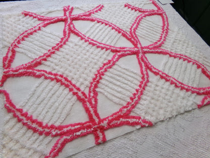 Vintage Hot Pink White Chenille Fabric: Geometric Pattern Retro Mid Century Textile Craft Quilting Supplies, 20" x 25" Piece