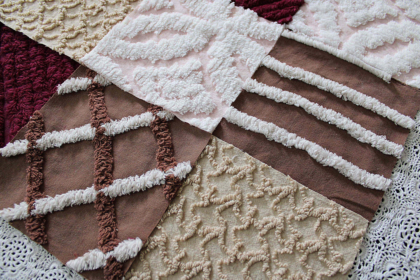 chocolate berry vintage chenille fabric squares, 16 quilt blocks, 6" inches ea, great shades of brown, merlot, mocha, white