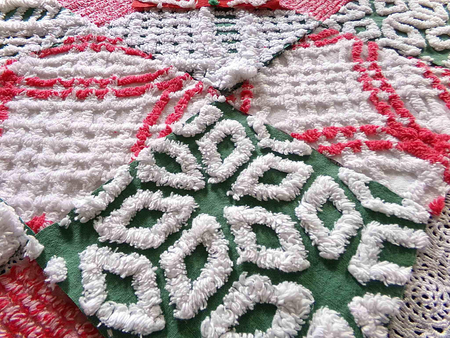 Vintage ChristmasChenille Fabric Squares, Set of 17 Festive Red, White & Green 6" Cotton Quilt Blocks