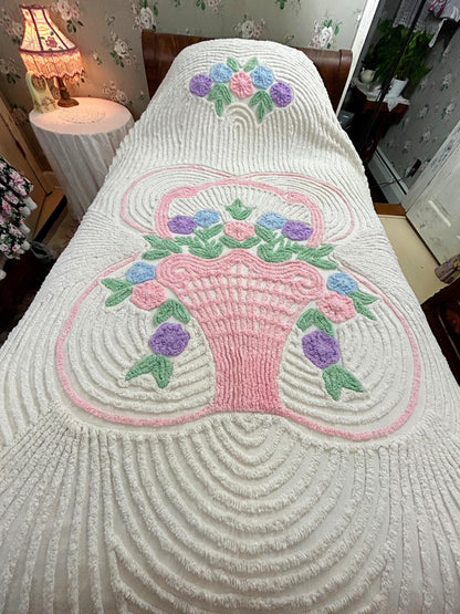Vintage Chenille Bedspread Pink Flower Basket White Full Size Bed Cover