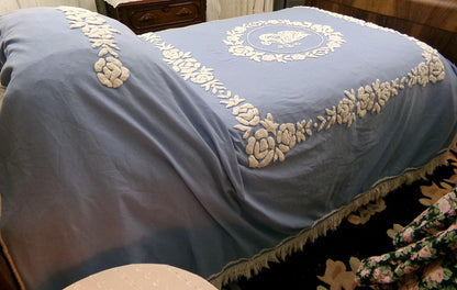Angel Vintage Chenille Bedspread, Grecian Goddess Figure, Wedgwood Blue & White FULL