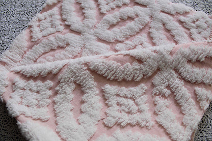 sculpted petals vintage chenille fabric, white tufting on cool pink, 20" x 25" inch piece, 100% cotton