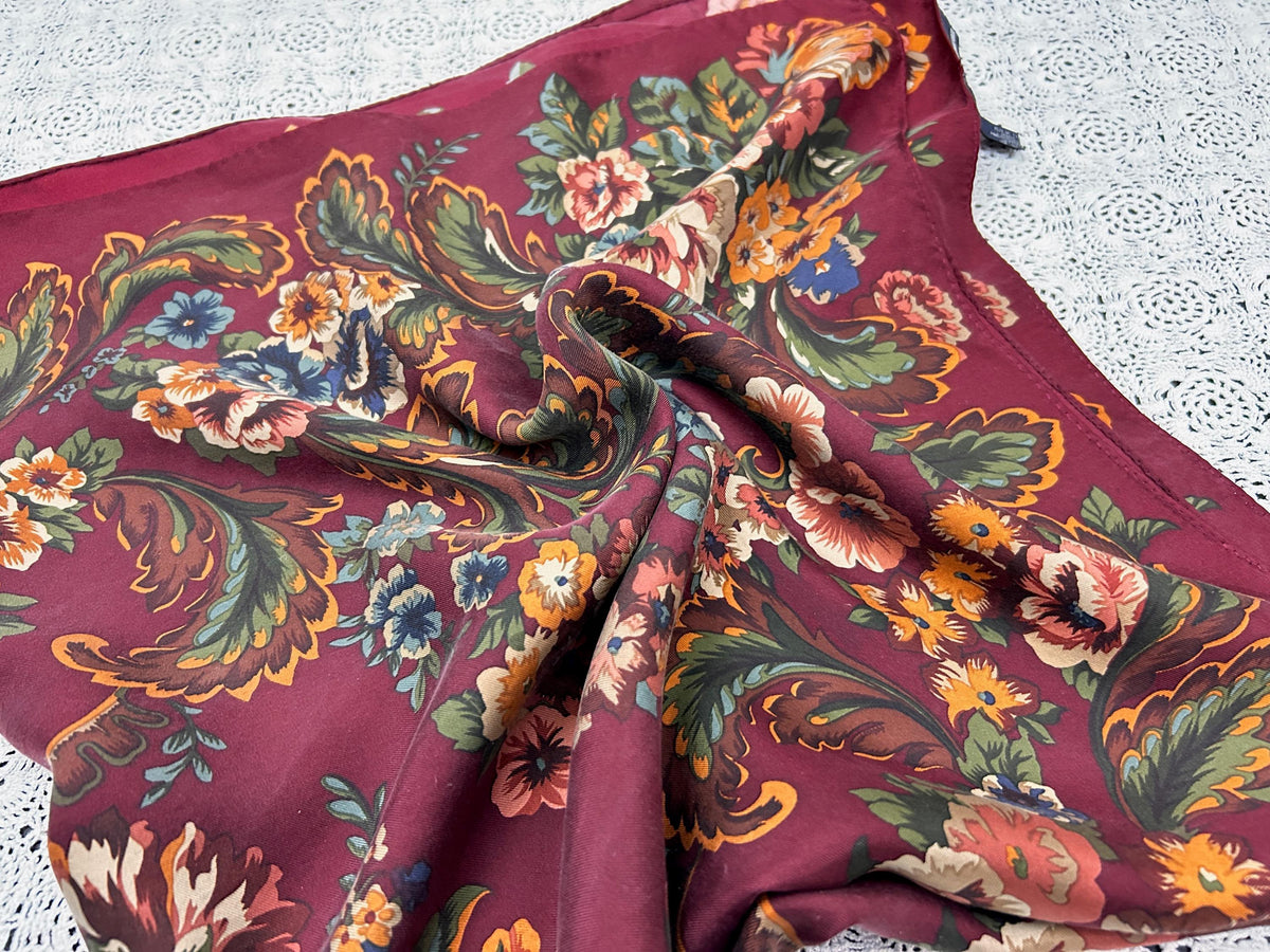 Vintage Ralph Lauren Silk Square Scarf Burgundy Floral Baroque Elegance Japan