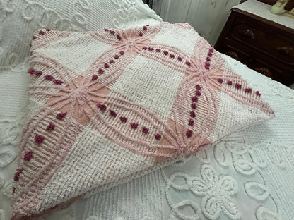 Pink Vintage Chenille Bedspread, Geometric Wedding Ring Dot Design, Full Size