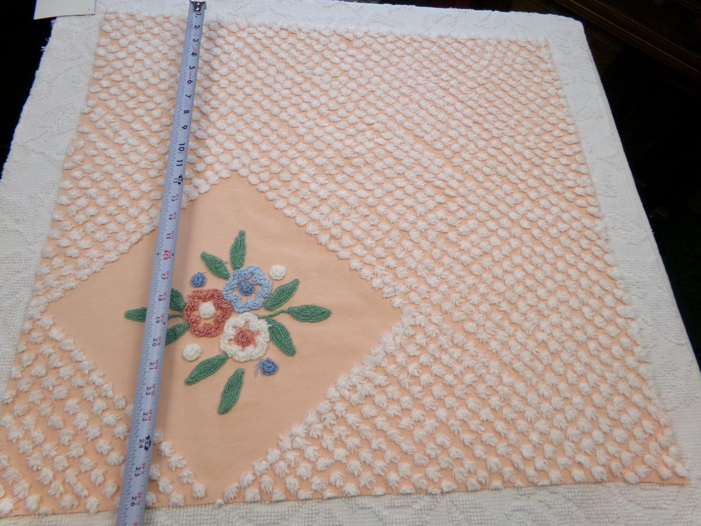 Vintage Peach Chenille Fabric Floral White Puff Tufts, Quilting Crafts Cottage Chic Bedspread Material Upcycle Sewing Supply, 26" x 27"