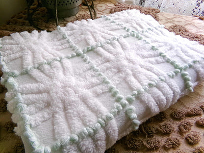 Vintage Chenille Fabric, Mint Green Pearl Pops White Spider Rings, 18x25"